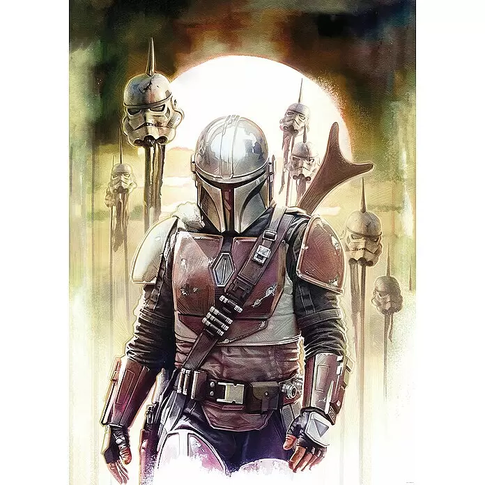 Komar Star Wars Fototapete The Mandalorian Big Impaler - 4 -tlg., B x H: 200 x 280 cm, Vlies - Kunstwerk von The Mandalorian in Beskar-Rüstung, vor aufgespießten Sturmtrupplerhelmen und heller Sonne.