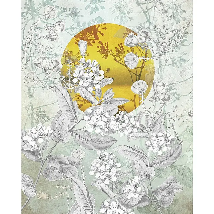 Komar Home Fototapete Karma - 4 -tlg., B x H: 200 x 250 cm, Vlies - Abstrakte Kunst mit floralen Elementen und einem gelben Kreis, ideal als Wanddekoration oder für den Druck auf Textilien.