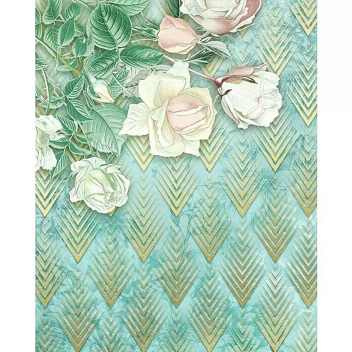 Komar Home Fototapete Rose Poem - 4 -tlg., B x H: 200 x 250 cm, Vlies - Elegantes Blumenmuster mit weißen und rosa Rosen, grünen Blättern und goldenen Chevron-Mustern auf türkisem Hintergrund.