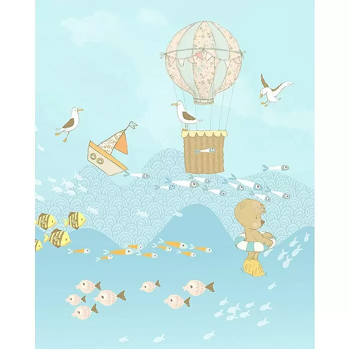 Komar Home Fototapete Wavy Venture - 4 -tlg., B x H: 200 x 250 cm, Vlies - Verspielte Illustration von einem Heißluftballon, Boot, Bären im Rettungsring, bunten Fischen und Möwen.