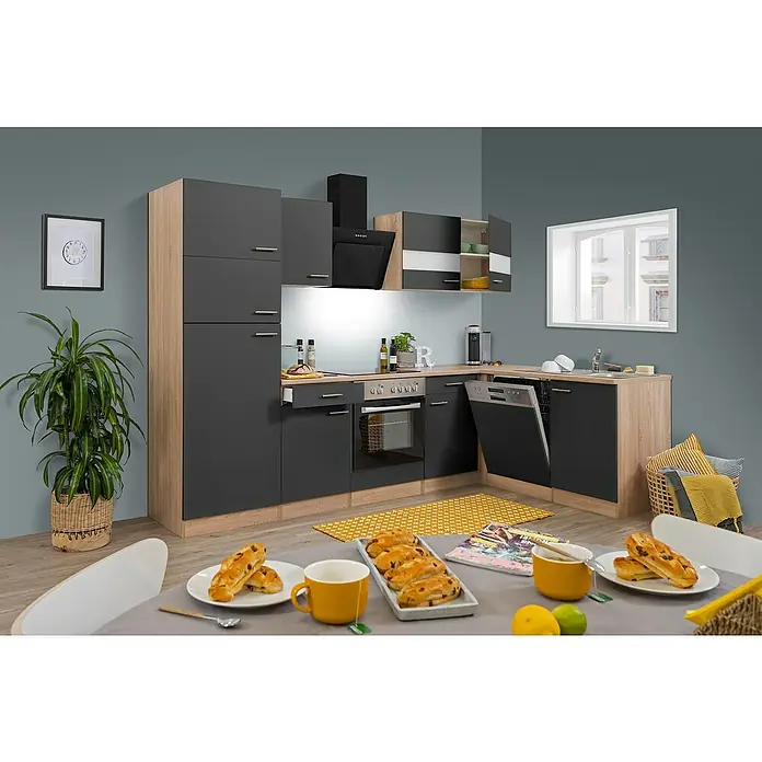 Respekta Winkelküche Merle - B x T: 280 x 172 cm, Grau, Mit Elektrogeräten, Volumen Backofen: 72 l - Moderne Küche in Grau und Holzoptik mit Esstisch, ideal für stilvolles Wohnen und Kochen.