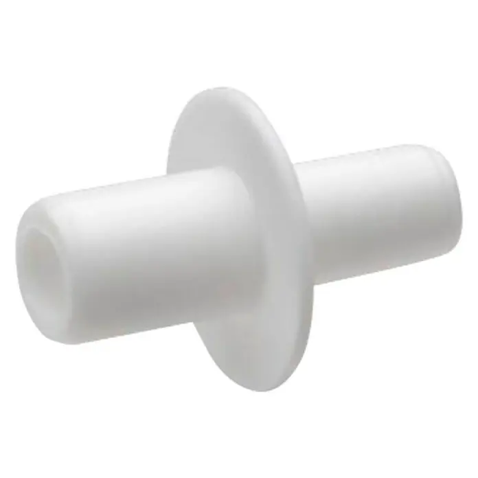 Stabilit Soporte para estantes - 5 mm, Blanco, Plástico, 20 ud. - Conector blanco con un disco plano en el medio, utilizado para conectar mangueras o tubos.