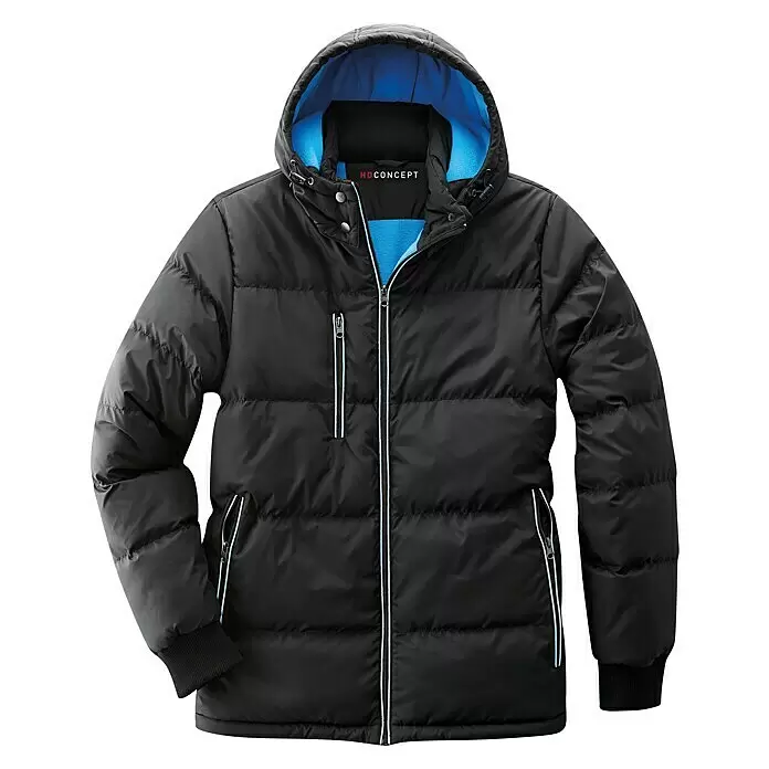HD Concept Chaqueta térmica - XXL, Azul/Negro - Chaqueta acolchada negra con forro azul y detalles de cremallera azul claro, con capucha y puños acanalados.