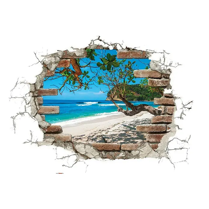 Komar Dekosticker Break Out - 1 -tlg., 70 x 50 cm - Wandbild mit 3D-Effekt, das einen Blick auf einen Strand durch eine Maueröffnung simuliert, mit türkisblauem Meer und üppiger Vegetation.