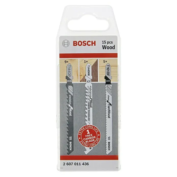 Bosch Stichsägeblatt-Set Wood - Holz, 15 -tlg., T-Schaft - Bosch Stichsägeblätter-Set für Holz, 15-teilig, mit verschiedenen Blättern für präzise und saubere Schnitte in Holz.