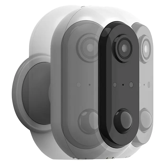 Überwachungskamera HomeCam Akku Outdoor - L x B x H: 55 x 50 x 90 mm - Nahaufnahme einer weißen Arlo kabellosen Sicherheitskamera mit schwarzer Blende, ideal für die Überwachung Ihres Zuhauses.