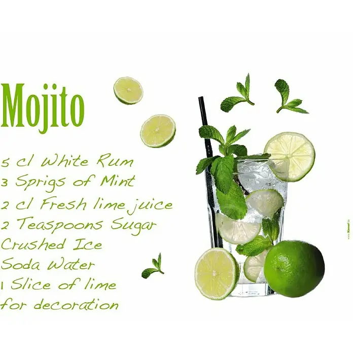 Komar Dekosticker Mojito - 15 -tlg., 100 x 70 cm - Rezept für Mojito-Cocktail mit frischer Minze, Limetten und weißem Rum, dekoriert mit Limettenscheibe und Minzzweigen.