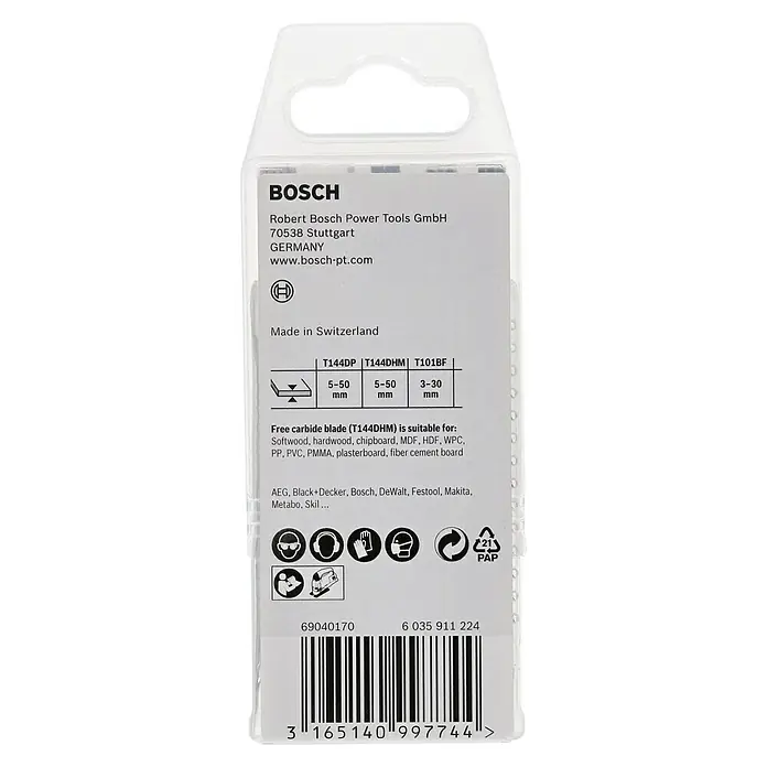 Bosch Stichsägeblatt-Set Wood - Holz, 15 -tlg., T-Schaft - Eine Packung Bosch Stichsägeblätter mit Informationen zu den Materialien und Gerätekompatibilitäten.