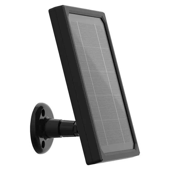Überwachungskamera HomeCam Akku Outdoor - L x B x H: 55 x 50 x 90 mm - Das Bild zeigt ein schwarzes Solarpanel mit einer Wandhalterung, ideal zur Stromversorgung von Geräten mit erneuerbarer Energie.
