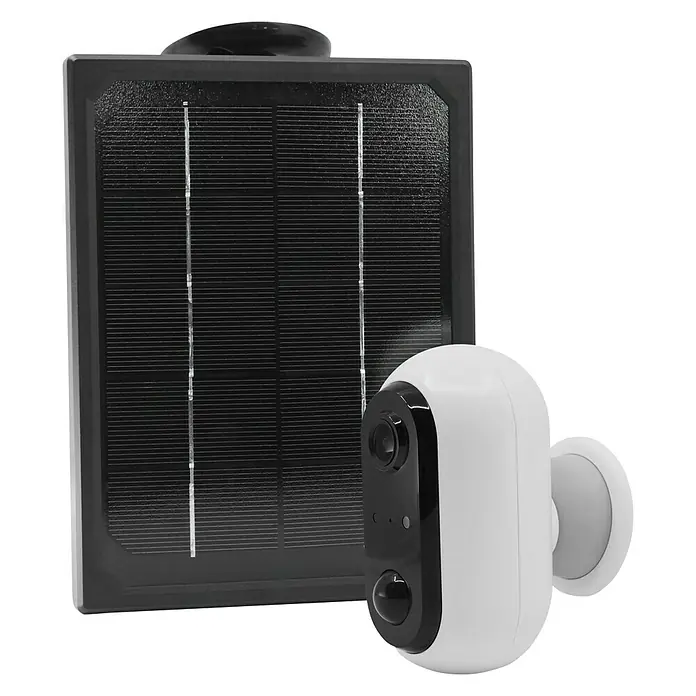 Überwachungskamera HomeCam Akku Outdoor - L x B x H: 55 x 50 x 90 mm - Abbildung einer kabellosen Überwachungskamera mit Solarmodul. Die Kamera ist weiß und hat ein schwarzes Objektiv.