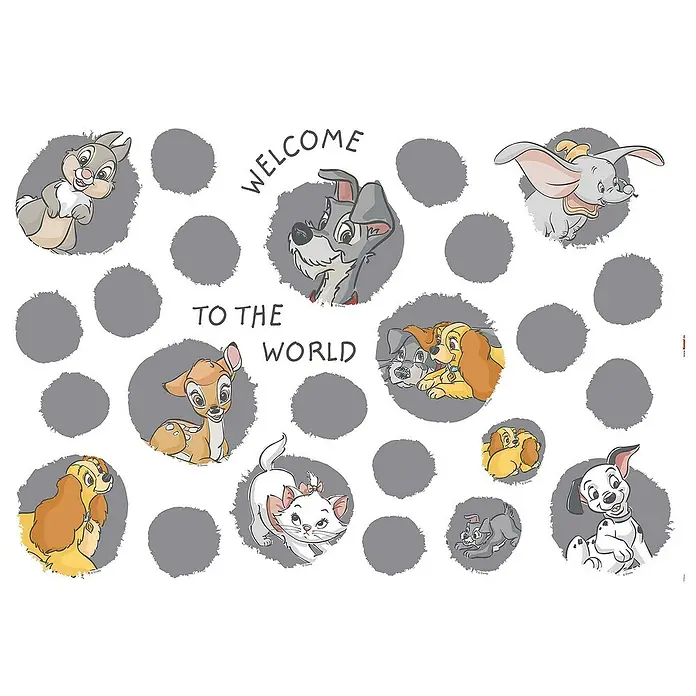 Komar Disney Edition 4 Dekosticker A Simple Start - 28 -tlg., 100 x 70 cm - Disney "Willkommen auf der Welt" Wandsticker mit beliebten Charakteren wie Bambi, Dumbo und Tramp, ideal für Kinderzimmer.