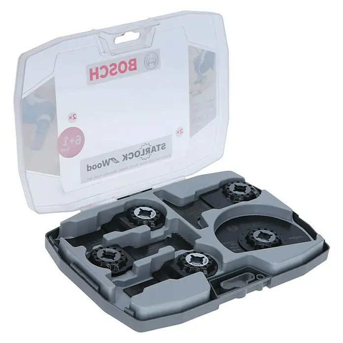 Bosch Zubehör-Set Best of Wood7 Stk., 7 -tlg. - Bosch Starlock Holz-Multitool-Set mit verschiedenen Sägeblättern für Holzarbeiten, ordentlich in einem grauen Organizer-Koffer verpackt.
