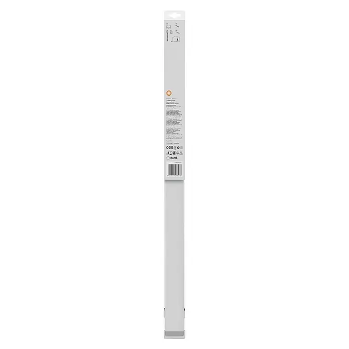 Osram LED-Lichtleiste Power Batten - L x B x H: 60 x 4,1 x 4,8 cm, Lichtfarbe: Warmweiß, 12 W, 220 V - 240 V - Die Verpackungsrückseite zeigt Angaben zu Inhalt, Hersteller und Zertifizierungen des Produkts.