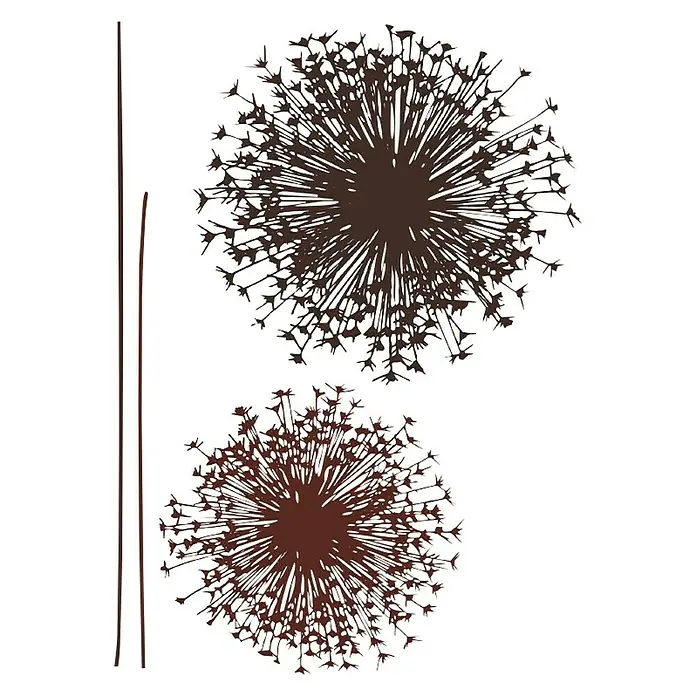 Komar Dekosticker Pusteblume - 4 -tlg., 70 x 50 cm - Nahaufnahme von zwei dekorativen, runden Elementen und zwei Stäben in verschiedenen Brauntönen auf schwarzem Hintergrund.