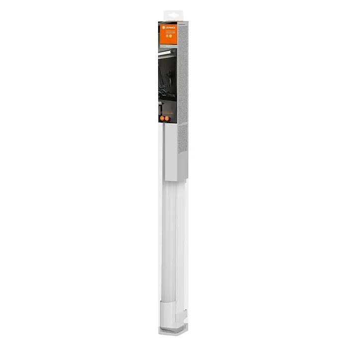 Osram LED-Lichtleiste Power Batten - L x B x H: 60 x 4,1 x 4,8 cm, Lichtfarbe: Warmweiß, 12 W, 220 V - 240 V - Bild einer LEDVANCE-Leuchte in einer langen, rechteckigen Verpackung, die Produktdetails und ein Anwendungsbeispiel zeigt.