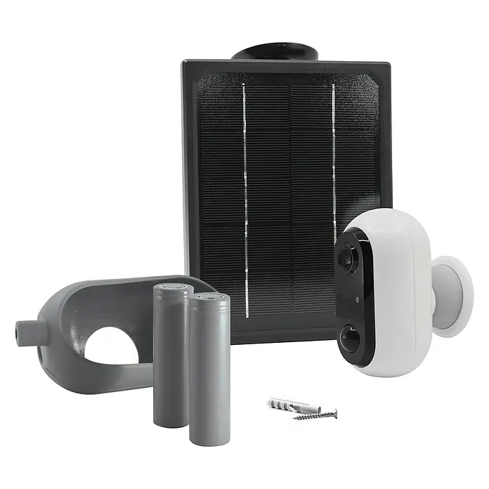 Überwachungskamera HomeCam Akku Outdoor - L x B x H: 55 x 50 x 90 mm - Drahtlose Überwachungskamera mit Solarpanel und Zubehör für den Außenbereich.