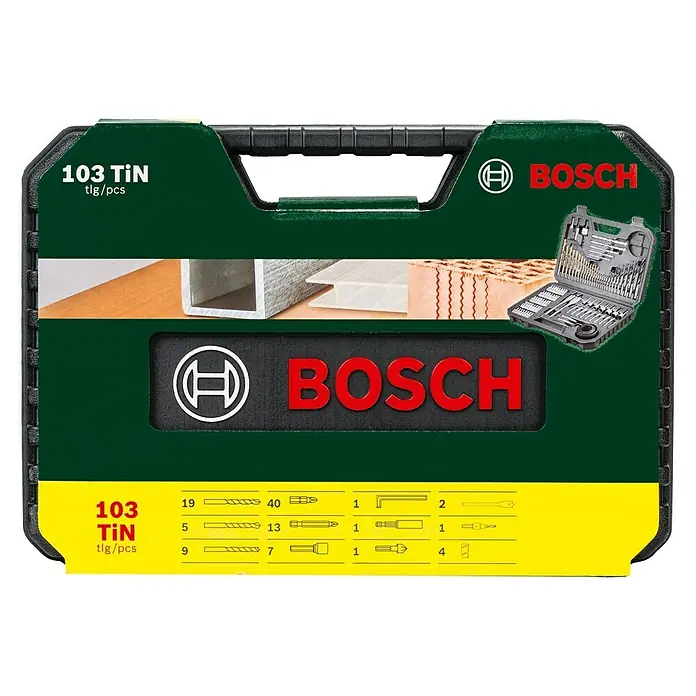 Bosch Bohrer- & Bit-Set Titanium - 103 -tlg. - Das Bild zeigt einen Bosch 103-teiligen TIN-Bohrerset in einem grünen Koffer mit Zubehör und einer Inhaltsangabe auf der Vorderseite.