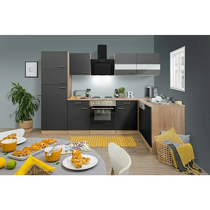 Respekta Winkelküche Merle - B x T: 280 x 172 cm, Grau, Mit Elektrogeräten, Volumen Backofen: 60 l - Eine moderne Küche mit grauen Schränken, Holz Arbeitsplatten und gelben Akzenten. Der Raum ist hell und einladend.