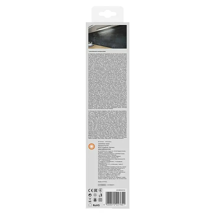 Ledvance LED-Unterbauleuchte Linear Slim - 4 W, Länge: 30 cm, RGBW - Produktverpackung von LEDVANCE mit Garantiehinweisen, Barcode und Zertifizierungen.
