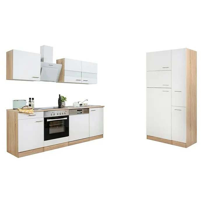 Respekta Composición de cocina Merle - Ancho: 310 cm, Blanco, Con electrodomésticos, Volumen horno: 72 l - Una cocina moderna en blanco y aspecto madera con armarios colgantes, fregadero y un armario alto ofrece mucho espacio de almacenamiento y trabajo.