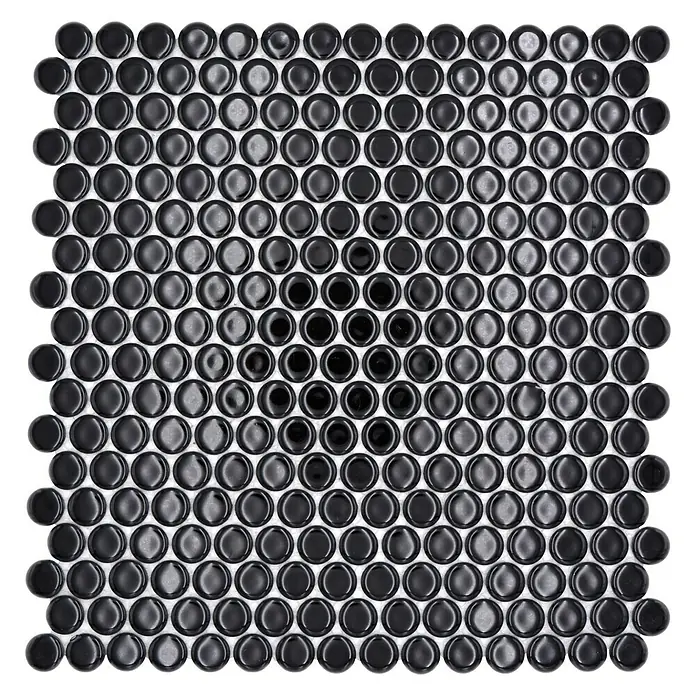 Mosaikfliese Knopf Uni 890N - 30,5 x 32 cm, Schwarz, Glänzend - Quadratische Anordnung von glänzend schwarzen Penny-Rundfliesen, ideal für ein auffälliges Badezimmer- oder Küchen-Backsplash-Design mit moderner Note.
