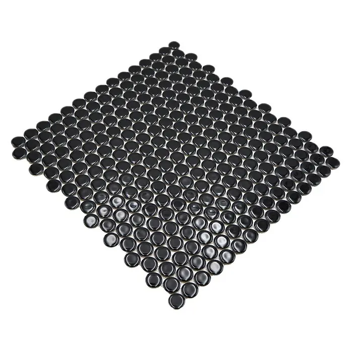 Mosaikfliese Knopf Uni 890N - 30,5 x 32 cm, Schwarz, Glänzend - Schwarze Penny-Rundfliese mit glänzender Oberfläche. Perfekt für stilvolle Akzente in Bad oder Küche, verleiht jedem Raum Eleganz und Klasse.
