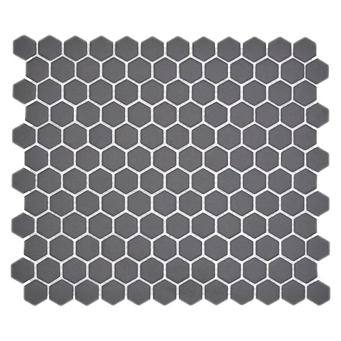 Mosaikfliese Hexagon Uni CU HX089 - 26 x 30 cm, Schwarz, Matt - Detailaufnahme eines Mosaikfliesen-Blatts mit sechseckigen, grauen Keramikfliesen, ideal für stilvolle Wand- und Bodenbeläge.