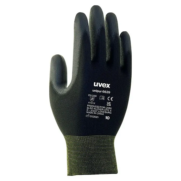 Uvex Arbeitshandschuhe Phynomic C3 - Blau, Kunststoff, 9 - Nahaufnahme eines schwarzen Uvex Unipur 6639 Schutzhandschuhs mit gelbem Bündchen.