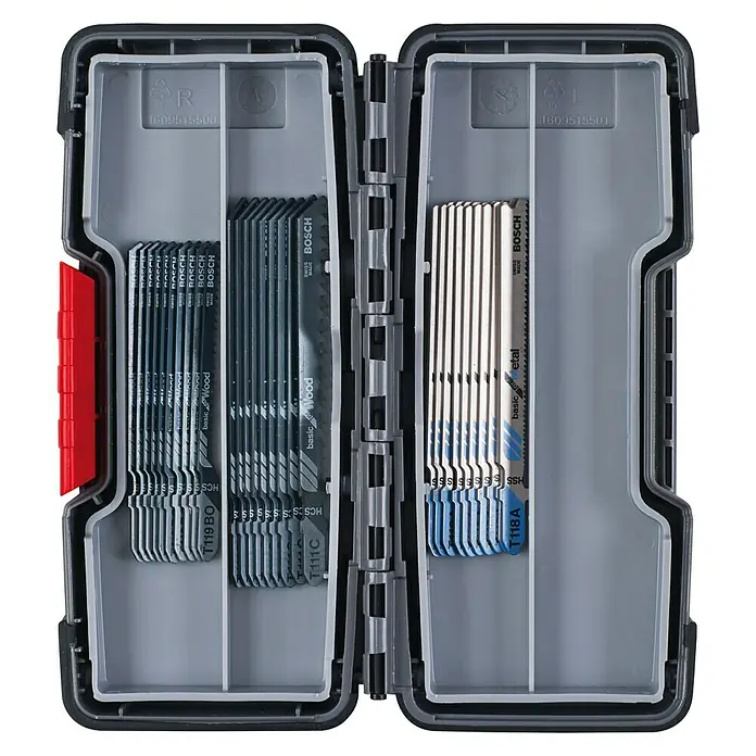 Bosch Stichsägeblatt-Set - Holz/Metall, 30 -tlg. - Eine geöffnete graue Aufbewahrungsbox mit Stichsägeblättern von Bosch, sortiert nach Typ für Holz und Metall.