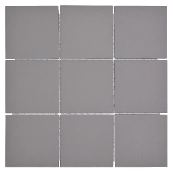 Mosaikfliese Quadrat Uni CU 932 - 29,8 x 29,8 cm, Grau, Matt - Nahaufnahme von neun grauen quadratischen Fliesen, die ein gleichmäßiges Muster mit dezenten Fugenlinien bilden.