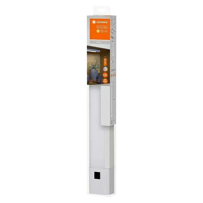 Ledvance LED-Unterbauleuchte Linear Slim - 6 W, Länge: 50 cm, RGBW - Nahaufnahme einer LEDVANCE Linear LED Slim 50cm Leuchte in Verpackung, ideal für Innenräume mit 3 Jahren Garantie.