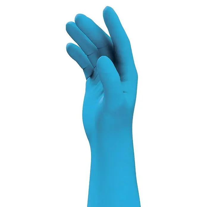 Einmalhandschuhe u-fit - XL, Kunststoff - Das Bild zeigt eine blaue Einmalhandschuh, der sich ideal für Hygiene und Schutz eignet. Er bietet Sicherheit in verschiedenen Umgebungen.
