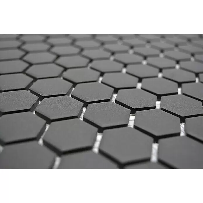 Mosaikfliese Hexagon Uni CU HX089 - 26 x 30 cm, Schwarz, Matt - Dunkelgraue, matte sechseckige Fliesen mit sichtbarer Textur und Fugen.