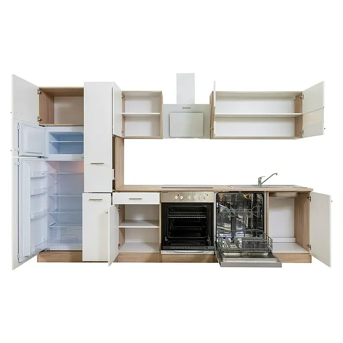 Respekta Küchenzeile Merle Typ 2 - Breite: 310 cm, Weiß, Mit Elektrogeräten, Volumen Backofen: 72 l - Einbauküche mit offenen Schränken und Geräten wie Kühlschrank, Herd und Spülmaschine. Moderne, helle Küche im Detail.