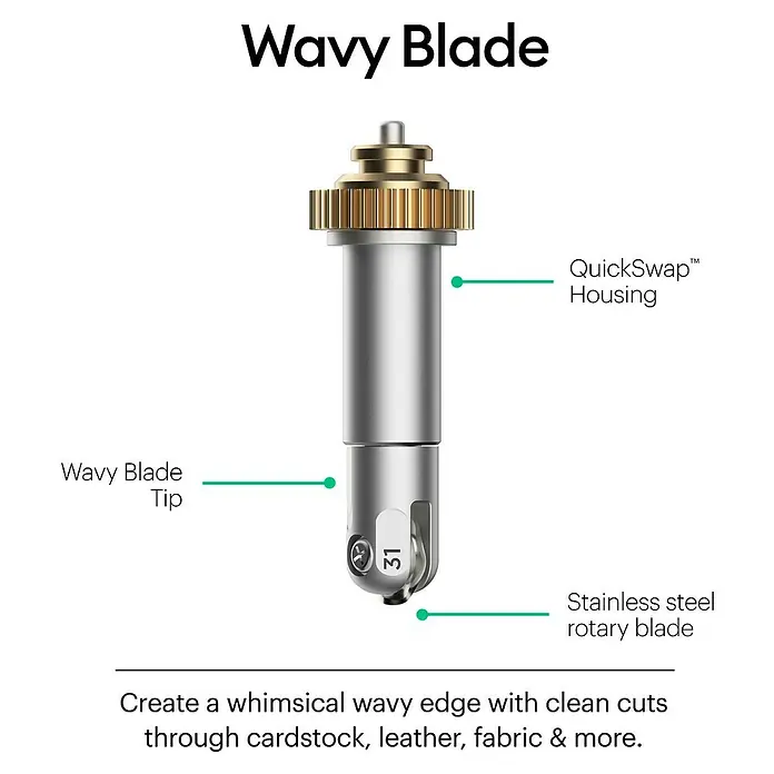 Cricut Maker Plotter-Werkzeug Wellenschnitt-Werkzeug Quickswap - Passend für: Cricut Maker Schneideplotter - Abbildung einer Wavy Blade, einer rotierenden Edelstahlklinge für wellenförmige Schnitte in verschiedenen Materialien.