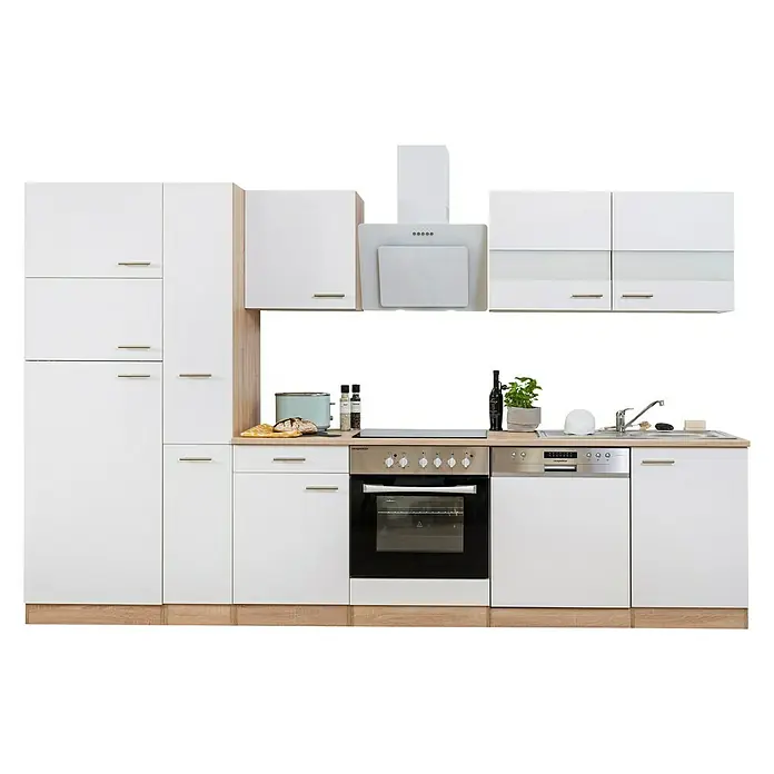 Respekta Küchenzeile Merle Typ 2 - Breite: 310 cm, Weiß, Mit Elektrogeräten, Volumen Backofen: 72 l - Moderne Küche mit weißen Schränken und Holzdetails. Das stilvolle Design integriert Geräte und bietet viel Stauraum.